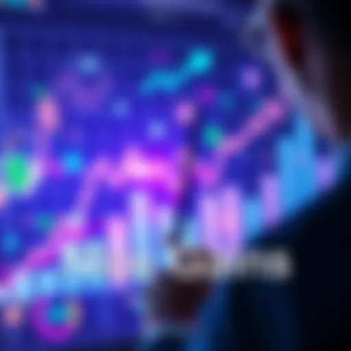 A person analyzing a growth chart with financial symbols and dollar signs in the background, representing market trends and investment strategies.