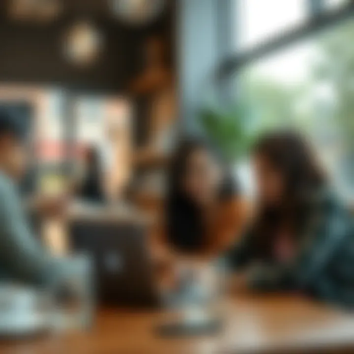 A group of young women working together in a cafe, discussing their financial challenges and supporting each other, showing resilience and determination.