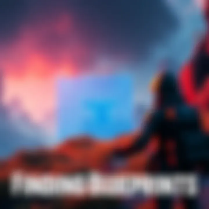 A character searching for crafting blueprints in a virtual landscape, with a highlighted blueprint of an anvil in the background