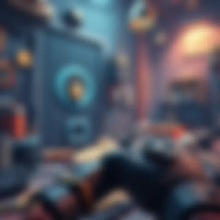 A player searching for door keys in a game environment filled with various objects and a locked door