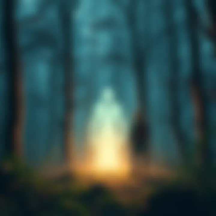 A character searching for a ghostly ancestor with a glowing aura in a mystical forest after completing a quest.