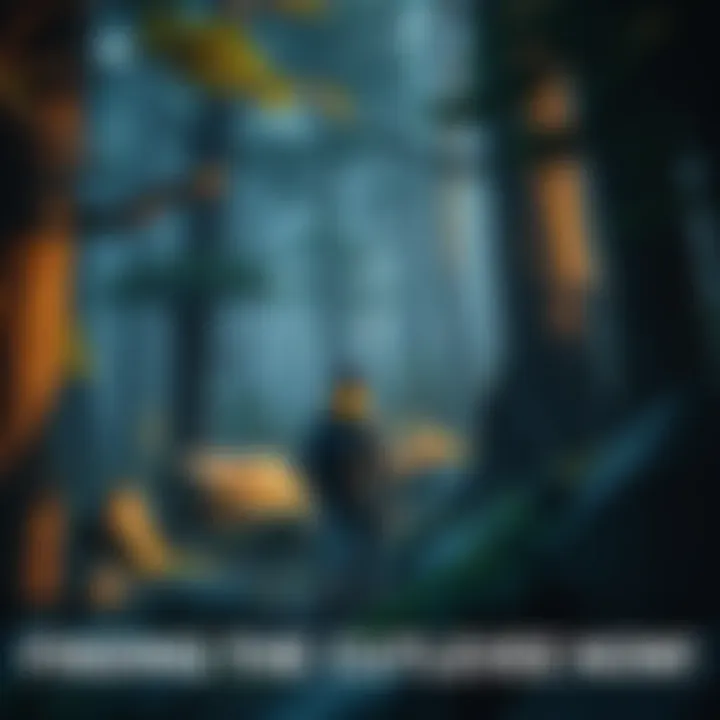 A character searching for the Judgement Cutter in a dense forest with various trees and rocks around.