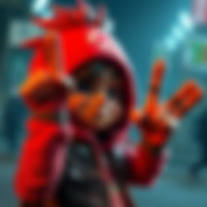 A playful video game character making finger guns with a large head