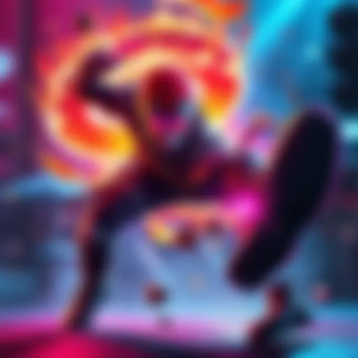 A game character delivering a dramatic finishing move to a low-health enemy, showcasing vibrant animations and intense action.