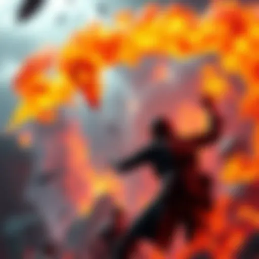 A vibrant game scene showing characters struggling against swirling flames, highlighting the danger of fire in gameplay.