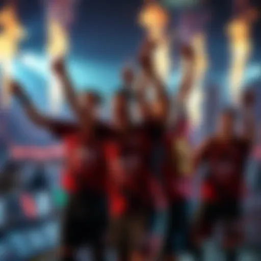 Fire Flux Esports players celebrating their 2-1 win over FUT Esports at Monsters Reloaded 2026, showing excitement and teamwork.