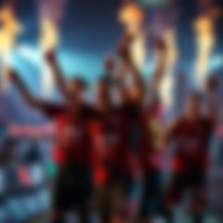 Fire Flux Esports players celebrating their 2-1 win over FUT Esports at Monsters Reloaded 2026, showing excitement and teamwork.