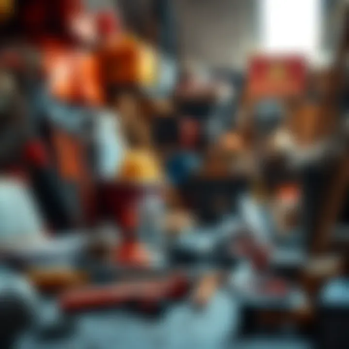 Fire Hazard Assessment Setup A close-up view of a cluttered workspace with items propped up, illustrating potential fire risks. Tools and materials are scattered around, highlighting safety concerns.