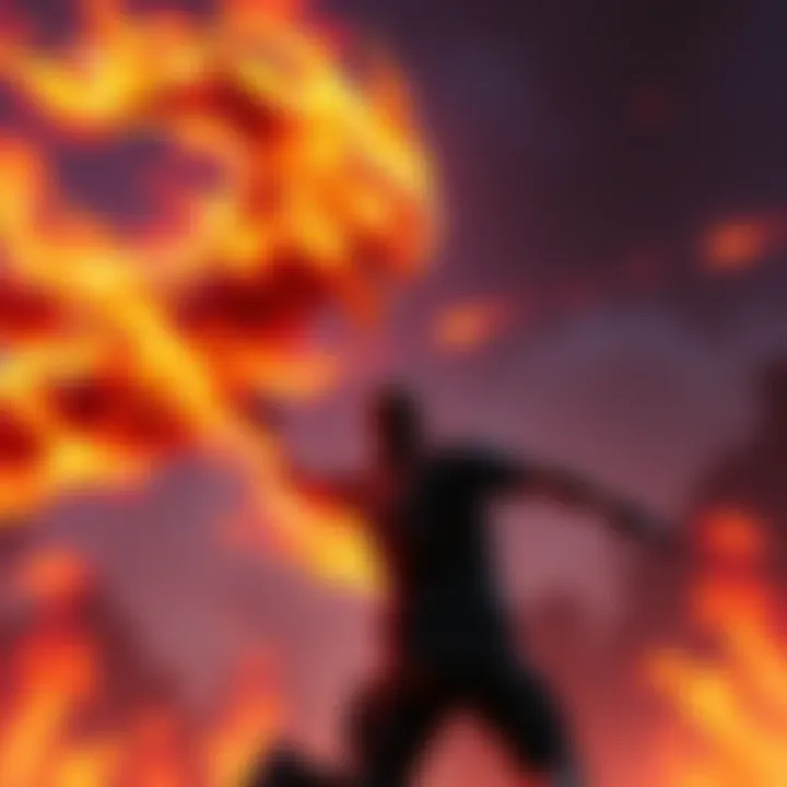 A fire sprite attacking a player in a battle royale game, with flames surrounding the area