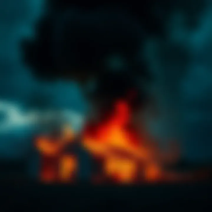 A small building engulfed in flames with smoke billowing into the sky, illustrating the theme of arson.