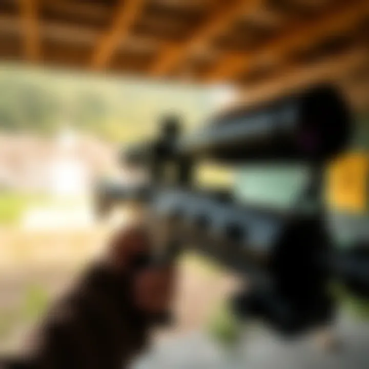 A modern firearm equipped with a high-tech scope, aimed at a target in an outdoor shooting range.