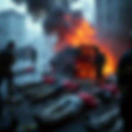 Chaotic scene showing multiple bodies at a firefight site with emergency responders present.