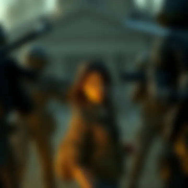 A tense scene showing the Fireflies surrounding Ellie with weapons drawn, highlighting the moral conflict of the moment.