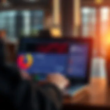 A person using the Firefox browser on a laptop, focusing on privacy settings and security features, showcasing a modern digital workspace.