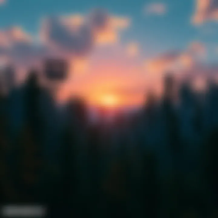 A scenic view from Firewatch game showing a lookout tower in a dense forest with towering trees and a sunset in the background