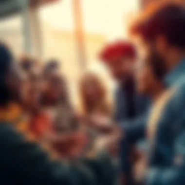 People sharing first impressions of a stranger A group of diverse people engaging in a lively discussion about their first impressions of a stranger, with animated expressions and gestures.