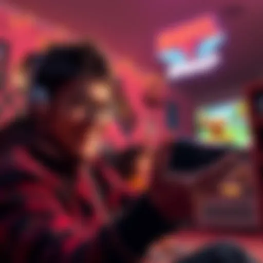 Person playing Marvel Snap on a gaming device, smiling and showing excitement, with a nostalgic atmosphere