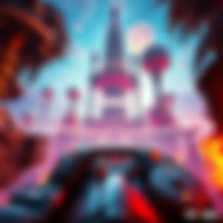 A captivating first-person perspective of a character exploring a vibrant game world, showcasing futuristic and fantasy elements.