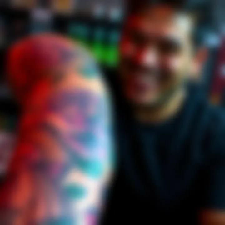 A close-up of a freshly inked tattoo on someone's arm, showcasing vibrant colors and intricate details, with the person smiling in the background