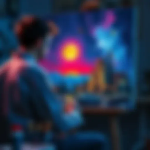 Novice artist painting a vibrant night scene on a canvas with brushes and paints