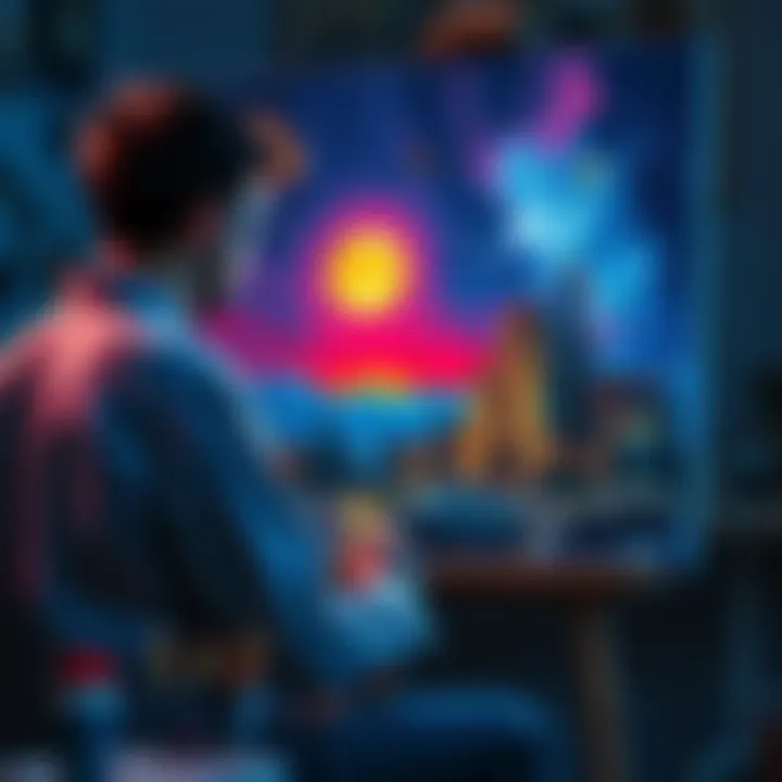 Novice artist painting a vibrant night scene on a canvas with brushes and paints