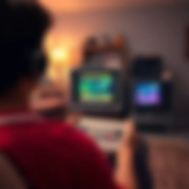 A person playing the first video game, featuring simple graphics and controls, with a vintage game console in a living room setting.