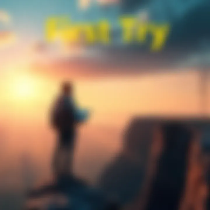 A person standing at the edge of a cliff, looking out at a sunrise with a notebook in hand, symbolizing exploration and new ideas.