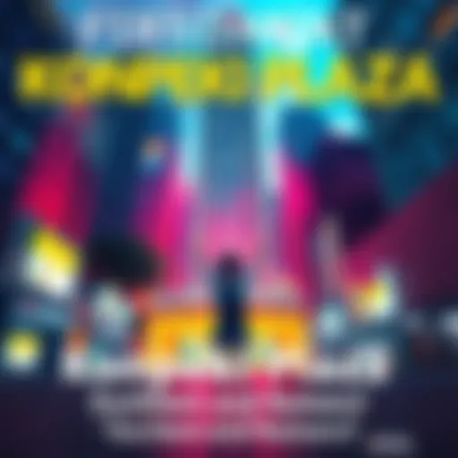 A person excitedly standing in front of Konpeki Plaza, looking up at the building with anticipation, as a vibrant city backdrop unfolds behind them.