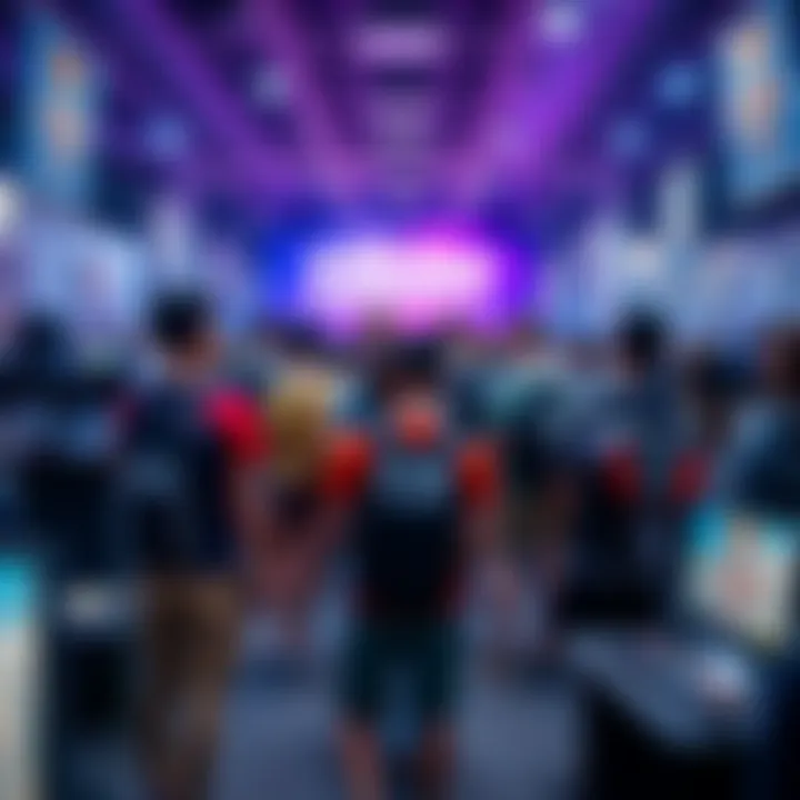 First Day at Streamer University New students attending orientation at Streamer University, surrounded by banners and gaming setups, excited to start their journey in streaming.