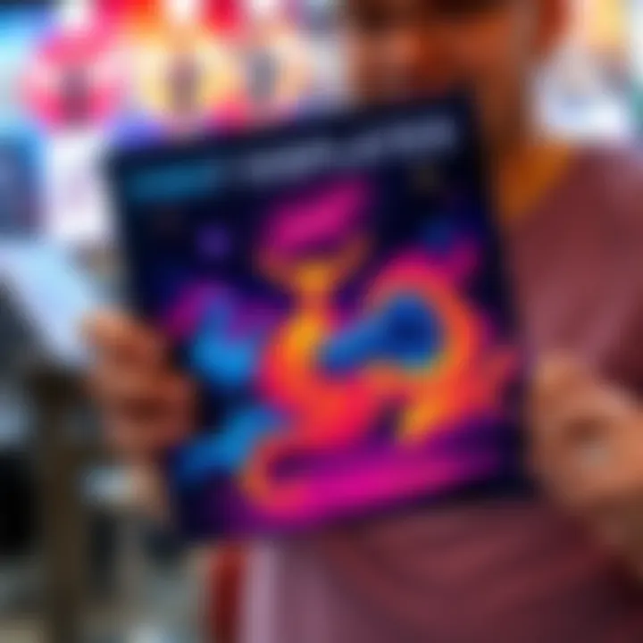 A person holding a displate artwork with vibrant design, ready to buy