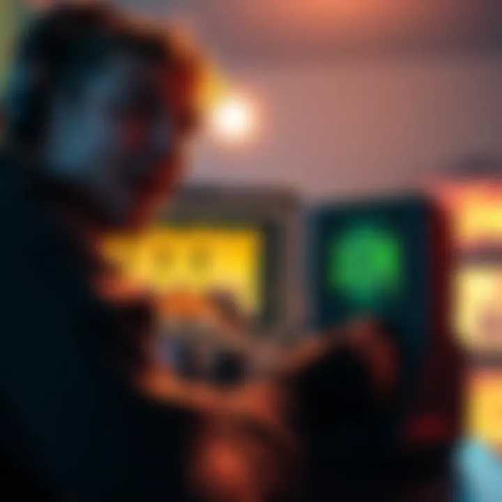 A gamer playing Doom on a classic console, showing surprise and excitement on their face.