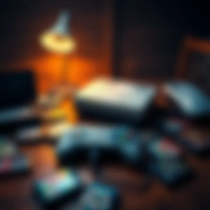 A nostalgic view of a classic gaming console on a wooden table surrounded by game cartridges and a controller.