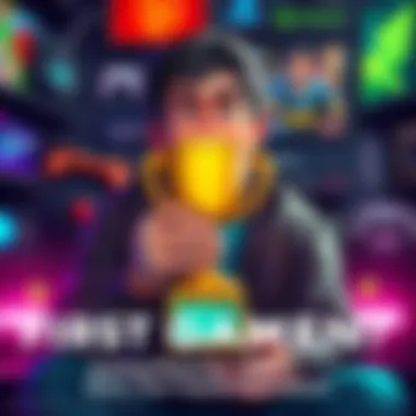 A gamer proudly holding their first trophy, showcasing a mix of joy and nostalgia, surrounded by video game paraphernalia.