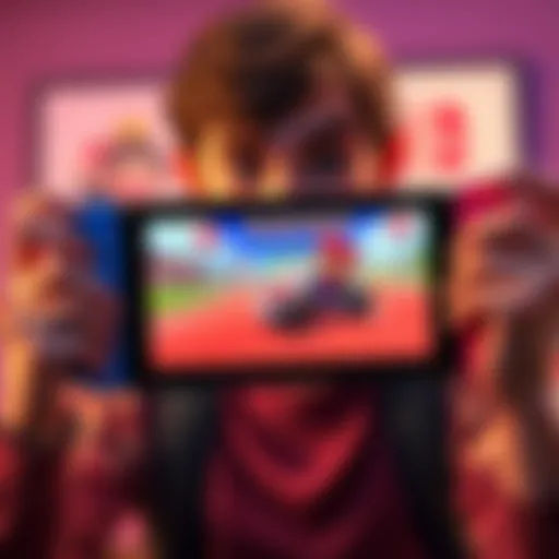 A gamer holding the Switch 2 console with Mario Kart on the screen, showing mixed reactions of excitement and disappointment.