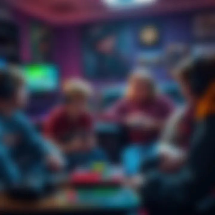 A group of gamers reminiscing about their first PC games, with nostalgic expressions and gaming memorabilia around them.