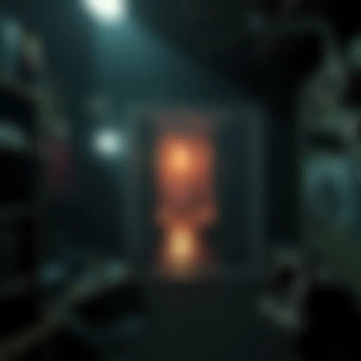 A dark, eerie environment with shadows and unsettling objects, capturing the essence of psychological horror.