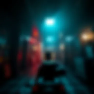 A player character's view in the dark, eerie Raccoon Police Department, facing Mr. X in a suspenseful moment.