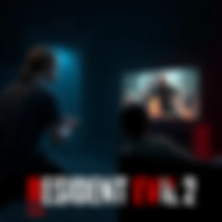 First Playthrough of Resident Evil 2 A gamer sitting in a dark room, intensely focused on the screen while playing Resident Evil 2, with zombies appearing in the background.