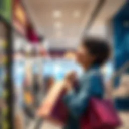 A nostalgic moment of a person holding a shopping bag, reflecting on their first purchase with a smile.