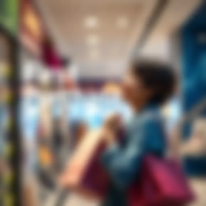 First Purchase Memories A nostalgic moment of a person holding a shopping bag, reflecting on their first purchase with a smile.