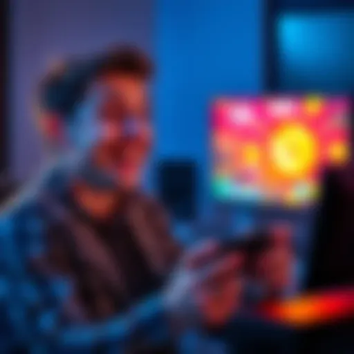 A person with a surprised expression sitting in front of a gaming console, holding a controller, while colorful game graphics light up the screen.