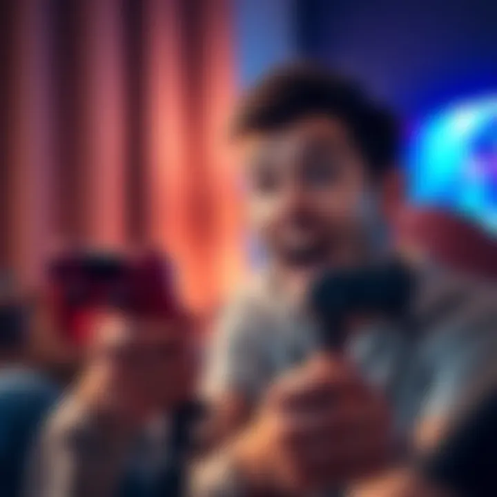 A person surprised while playing a video game for the first time, with a game controller in hand and a funny expression on their face.