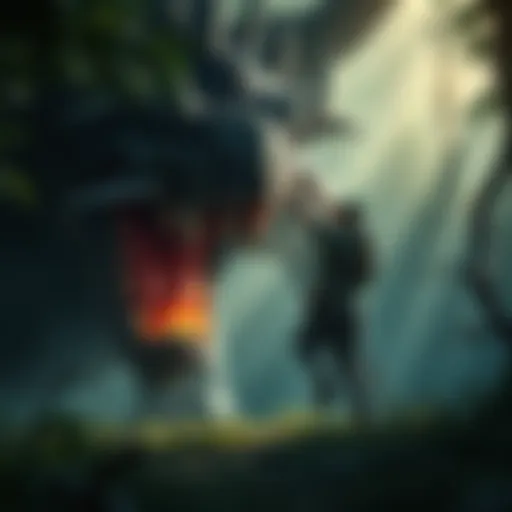 A frustrated first-time hunter battles a large, fierce monster in a dark forest, showcasing intense struggle and emotion.