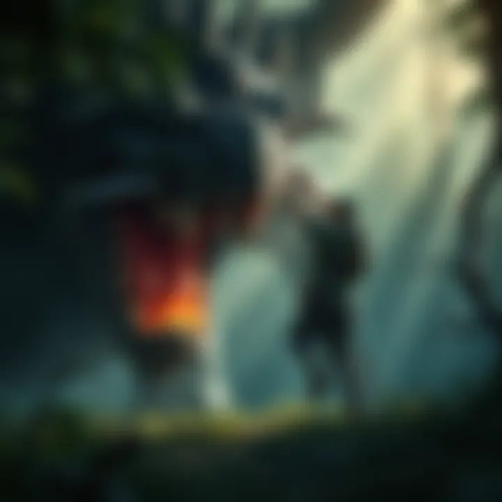 A frustrated first-time hunter battles a large, fierce monster in a dark forest, showcasing intense struggle and emotion.