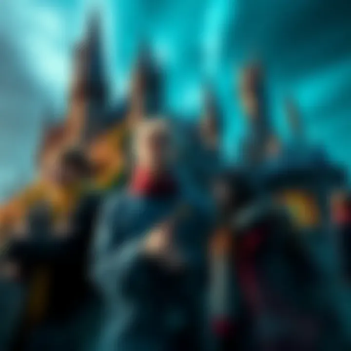 A group of excited new players entering Hogwarts School of Witchcraft and Wizardry, looking at the castle with wonder.