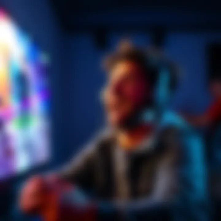 A gamer excitedly reacting to the screen after completing a game, showing emotions of surprise and joy.