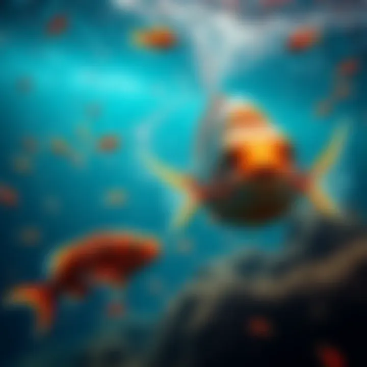 A large fish chases a smaller fish in a vibrant underwater scene, showcasing the competition for survival.