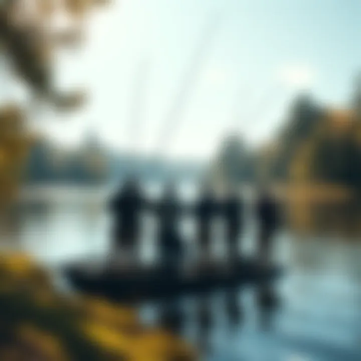 A group of fishermen casting their lines at a peaceful lake, surrounded by trees and enjoying a sunny day