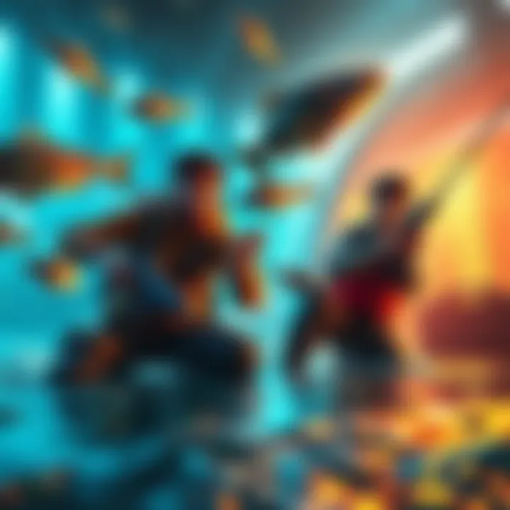 Players using guns to catch fish in a vibrant game environment with friends