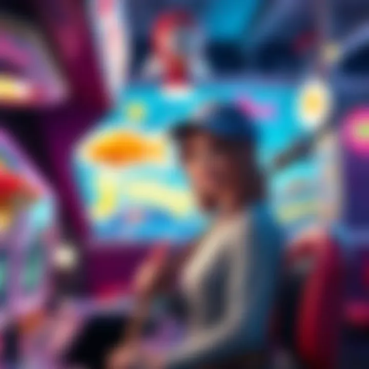A character in a fishing arcade game that looks like Jill, surrounded by colorful fish and a vibrant arcade setting